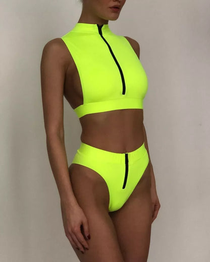 Fluorescent solid bikini swimsuit in yellow, green, and pink, sizes S, M, L