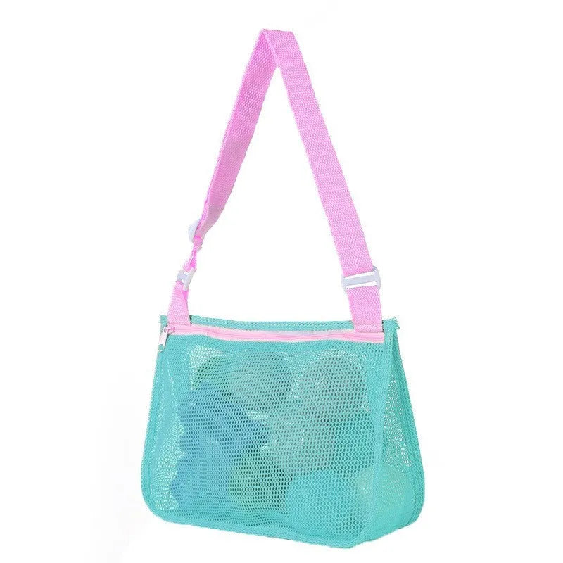 Blue children's travel storage organiser bag with nylon mesh construction and shoulder strap