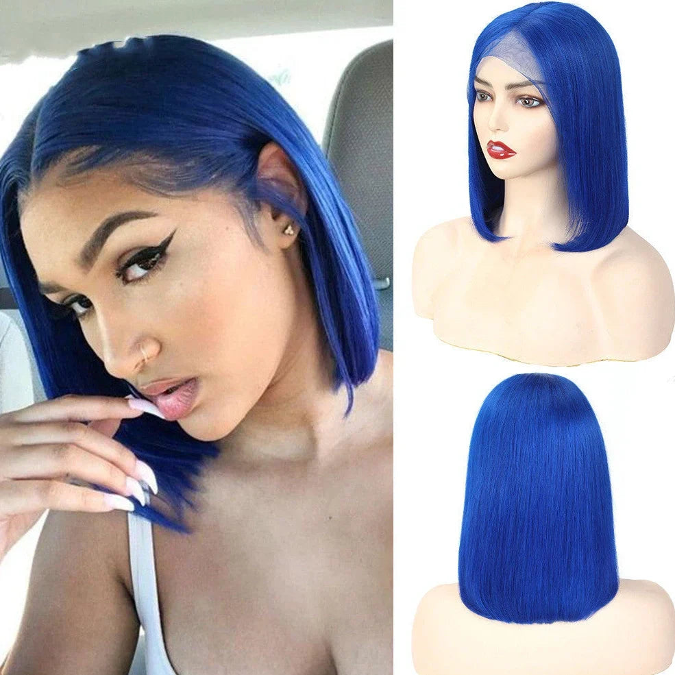 Human hair bob wig in green colour with straight bangs and 12-inch length
