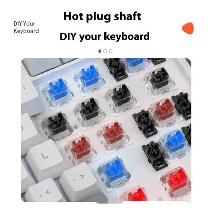 Small white 61-key mechanical keyboard with hot-swappable sockets and a black USB cable.