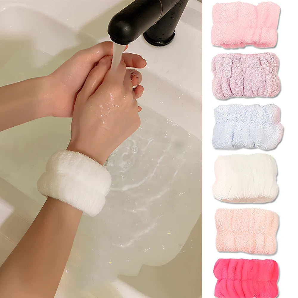 Coral velvet wrist washband with elastic band for facial cleansing, grey colour option shown