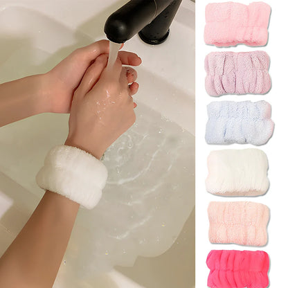 Coral velvet wrist washband with elastic band for facial cleansing, grey colour option shown