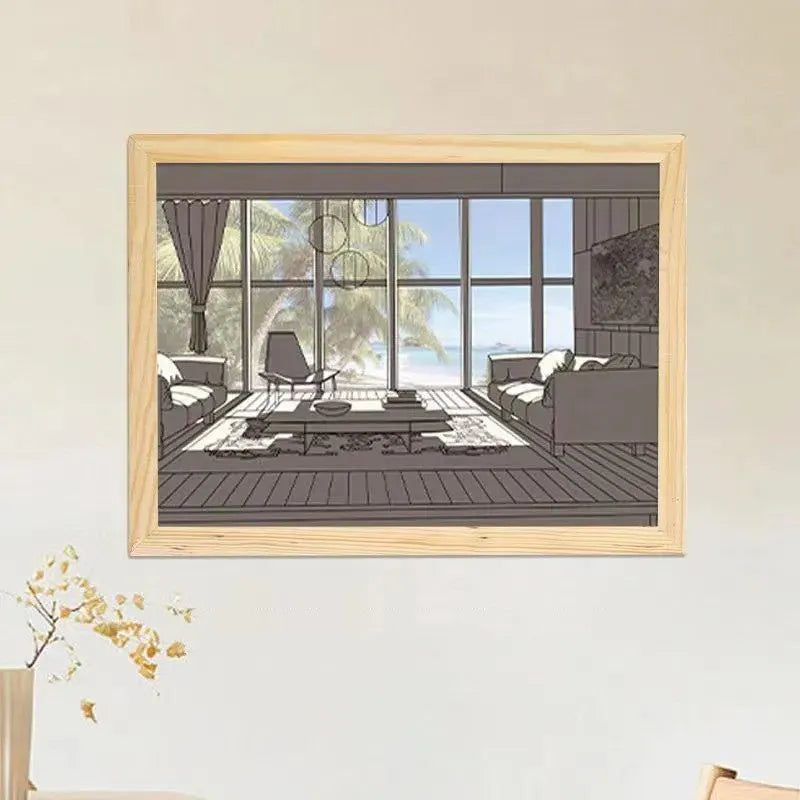 LED illuminated decorative picture light on a table showing a scenic landscape image glowing from within.
