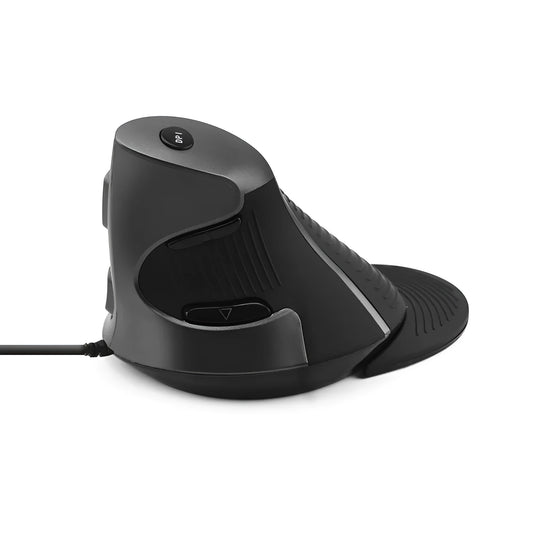 Black and white ergonomic vertical mouse with wired USB connection for desktop computers