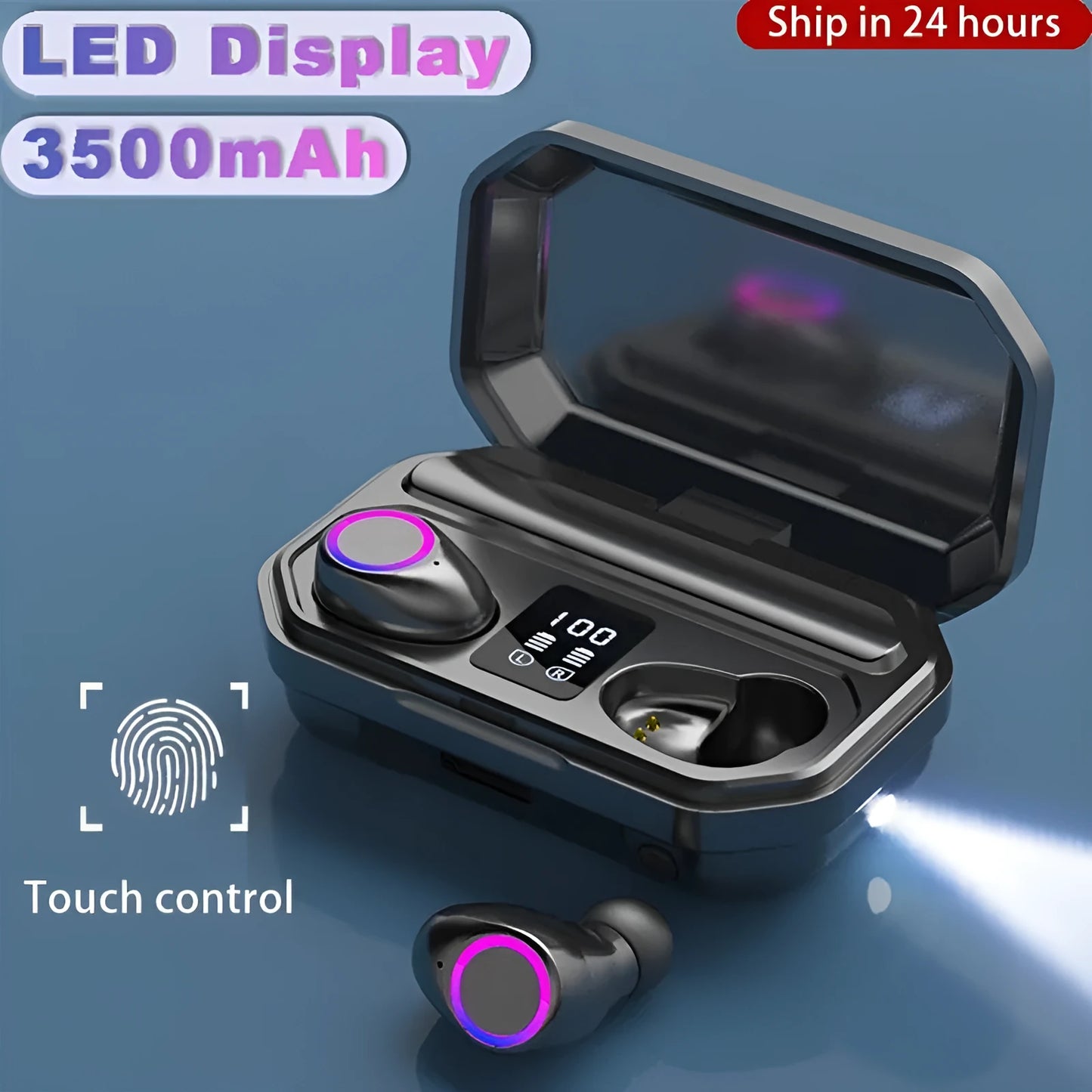 Black and white wireless Bluetooth in-ear headphones with a charging cabin showing an LED power display.