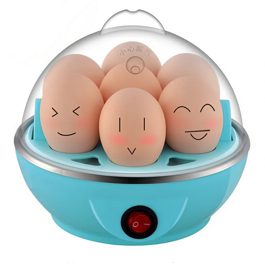 Blue intelligent egg cooker with transparent lid and measuring cup for steam cooking