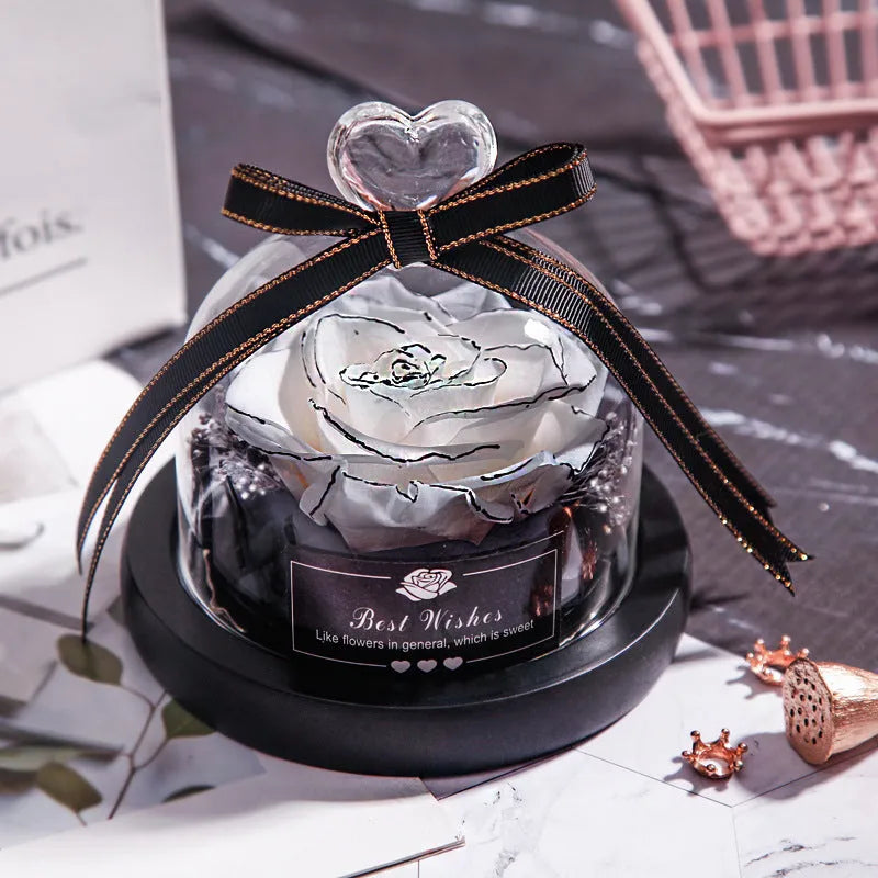LED eternal real rose preserved in a glass dome home decor with colour options.