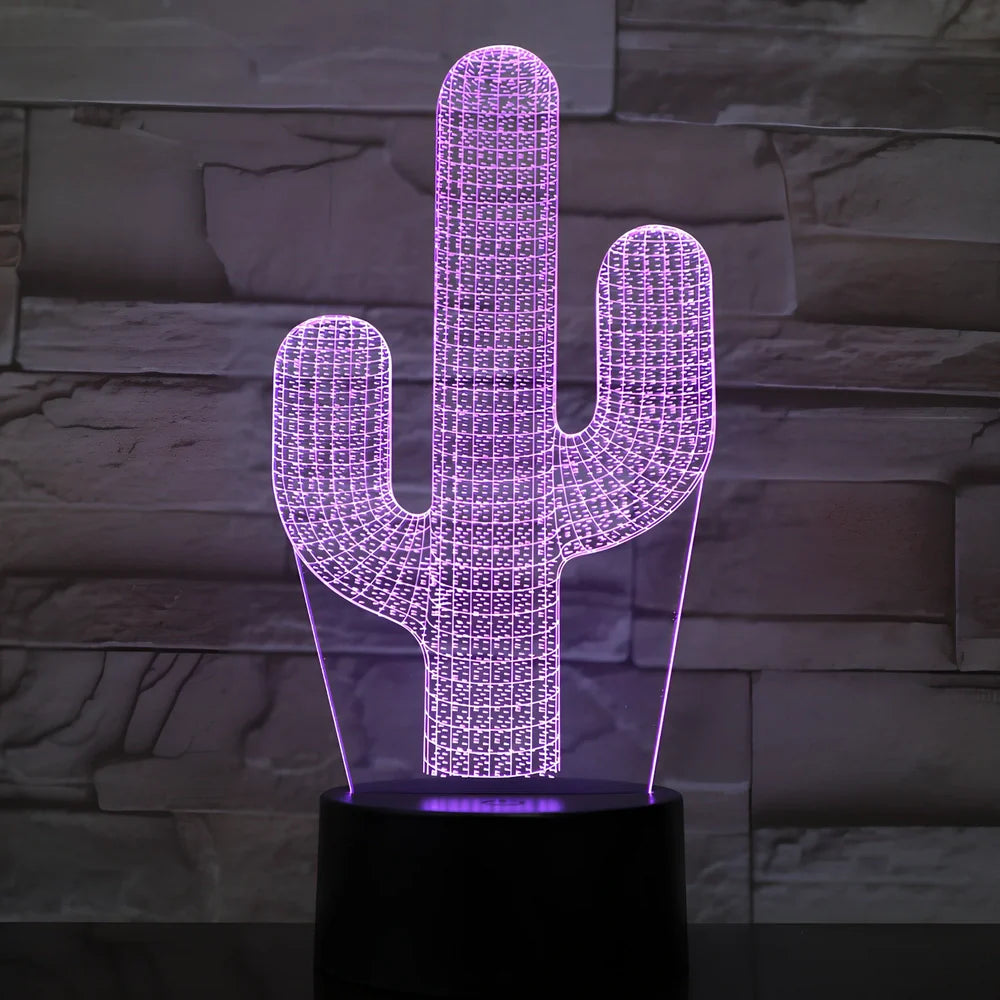 Cactus-shaped LED night light with 3D acrylic design showing colour-changing illumination in compact 200mm size