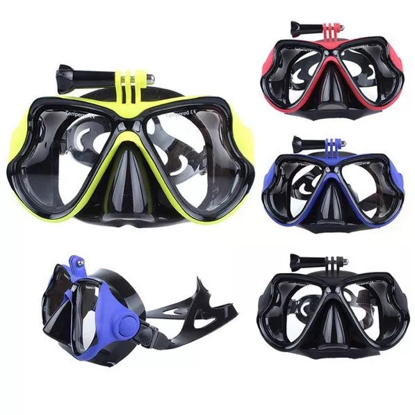 Sports DV diving glasses for GoPro and other action cameras in yellow, red, blue, and black