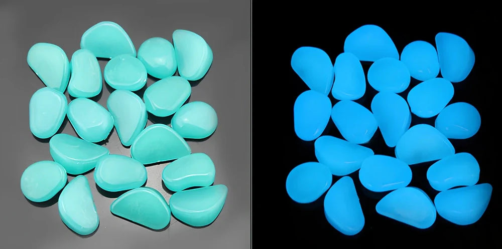Blue, green, and white glow in the dark resin rocks for aquarium decoration with irregular shapes