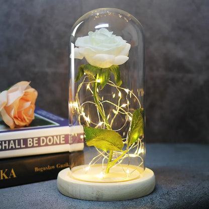 Enchanted Forever Rose in Glass LED Light Christmas Decoration with wooden base