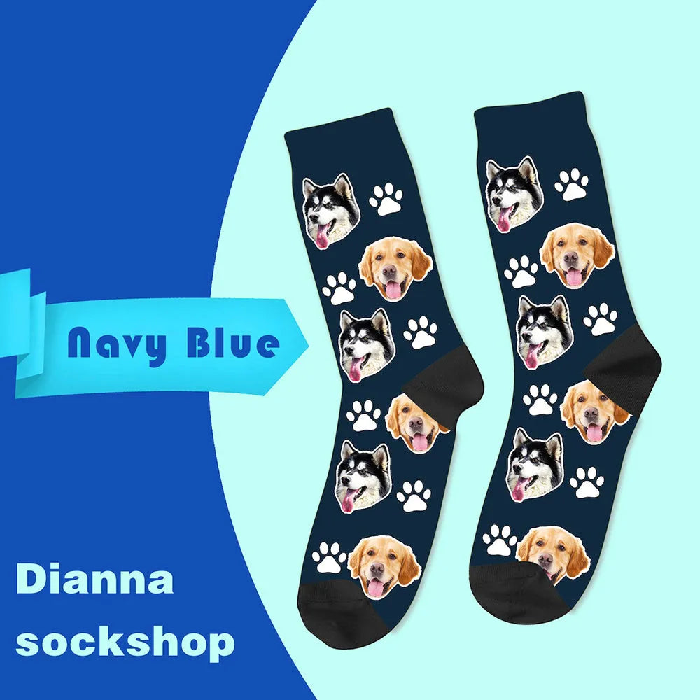 Personalised mid-calf photo socks with printed cartoon designs in multiple colour options