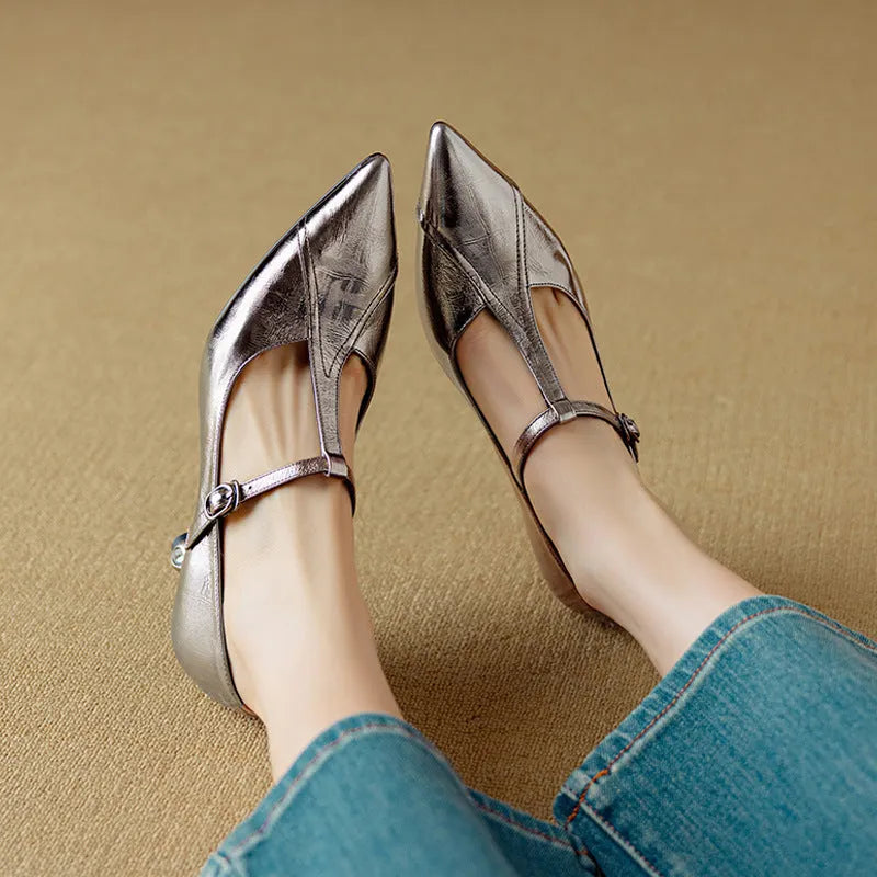 Genuine leather pointed-toe pumps with chunky 3-5cm heels in gun colour and pink options