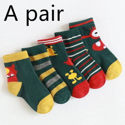Kids' cartoon stockings with jacquard designs in various colors and patterns