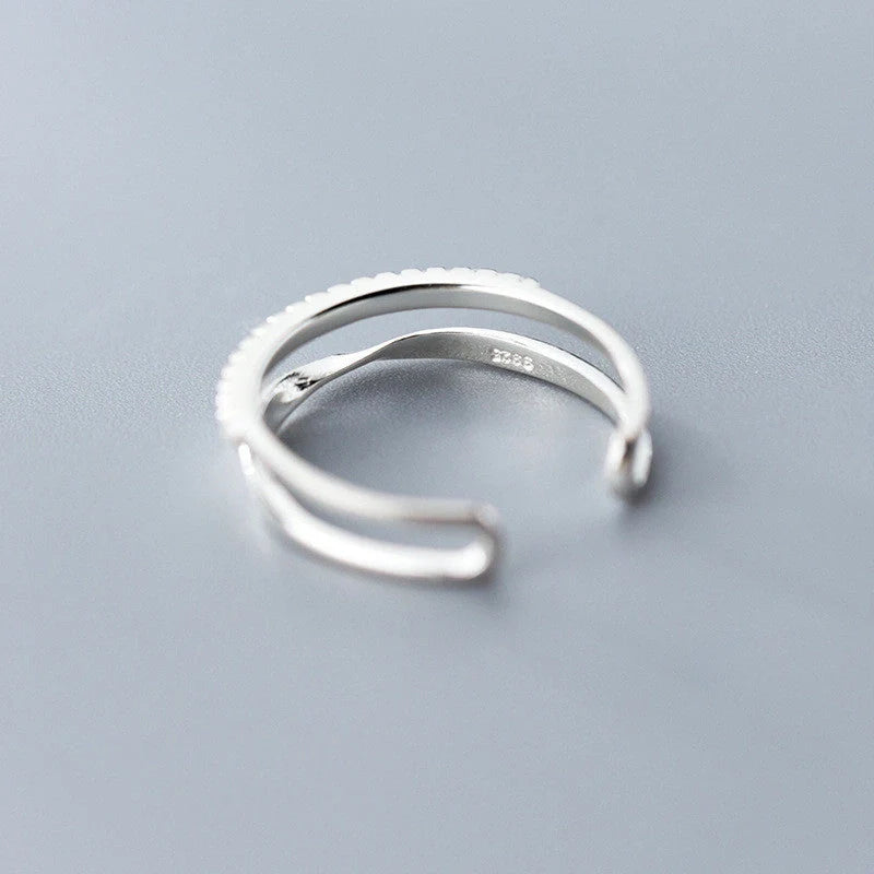 Adjustable twisted double-row silver ring with unique Korean-inspired design
