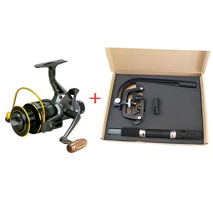 MG fishing reel with metal folding arm, wooden handle, and double brake system for saltwater fishing