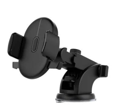 Yellow and black car phone holder with telescopic arm extended, gel pad, and 360-degree rotation on a dashboard