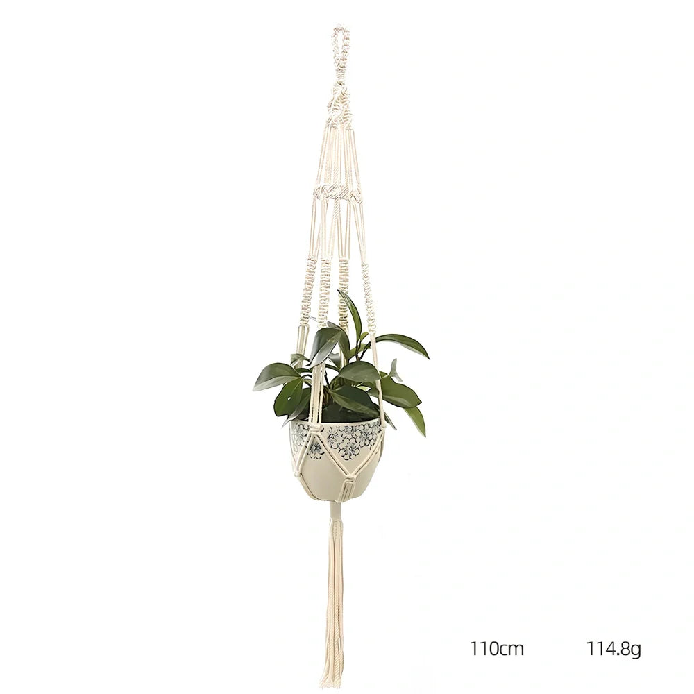 Hand-knitted cotton flowerpot net bag showing mesh pattern and hanging installation