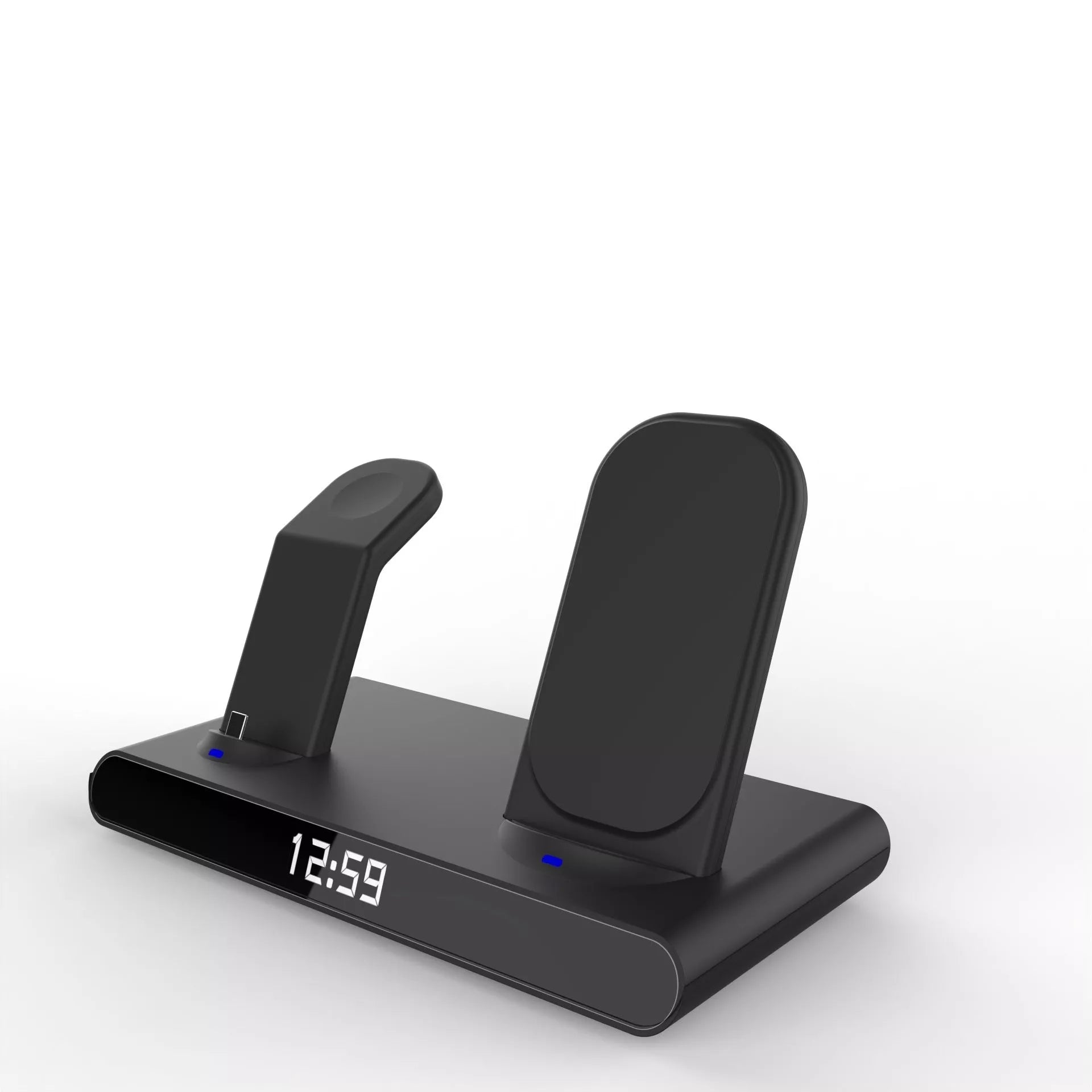 Clock 15W 3-in-1 Wireless Charger in black and white, compatible with Qi-enabled devices
