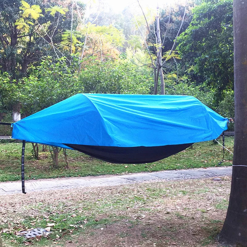 Mosquito-proof hammock camping tree net with waterproof cover in green, blue, camouflage, and orange