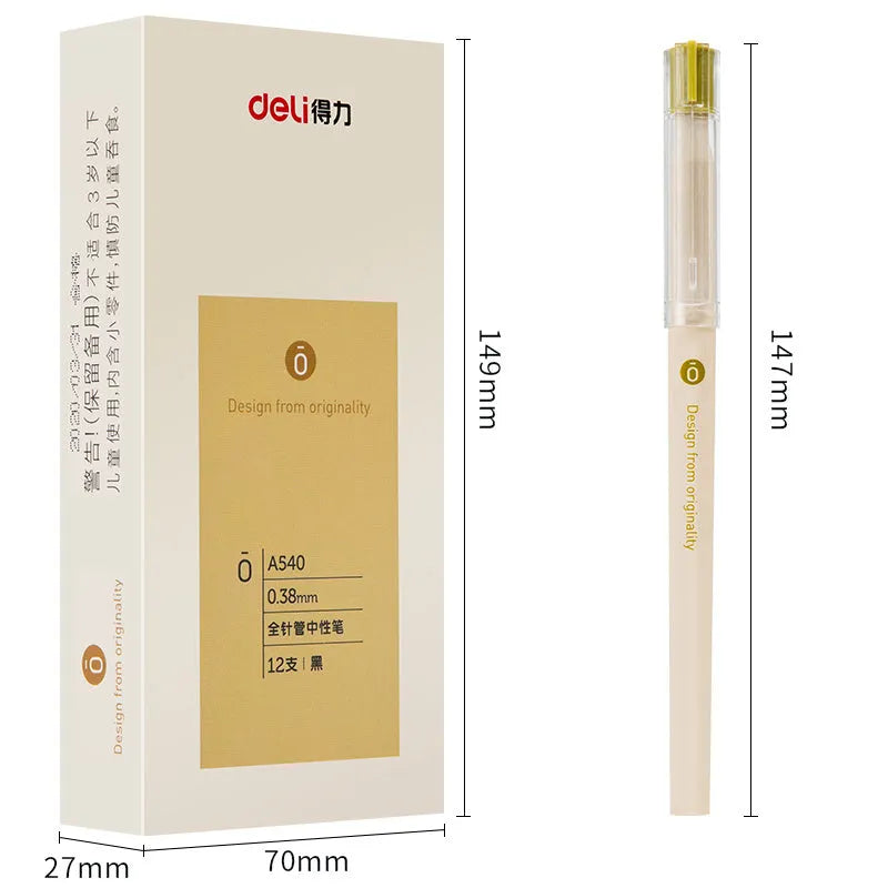Gel pen 0.38mm needle tube type with black oily ink refill, 12 pieces boxed for daily writing and office use, plastic pen barrel construction, Deli A540 model with ball-type ink delivery mechanism