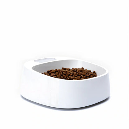 White smart weighing pet bowl with digital display and four stabilising feet for accurate food measurement