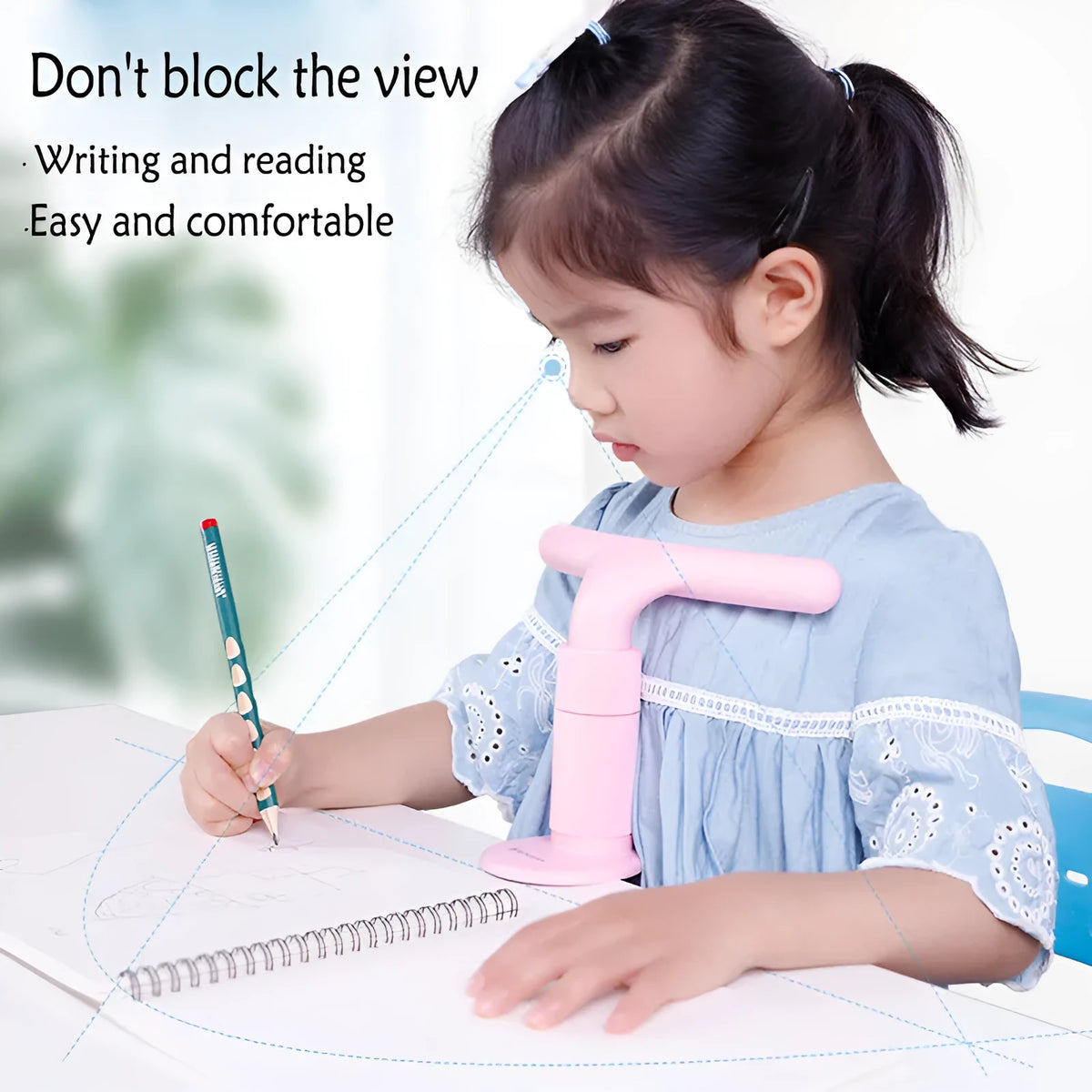 Children's ABS desk-mounted sitting posture corrector in blue, pink, or white for study desks.