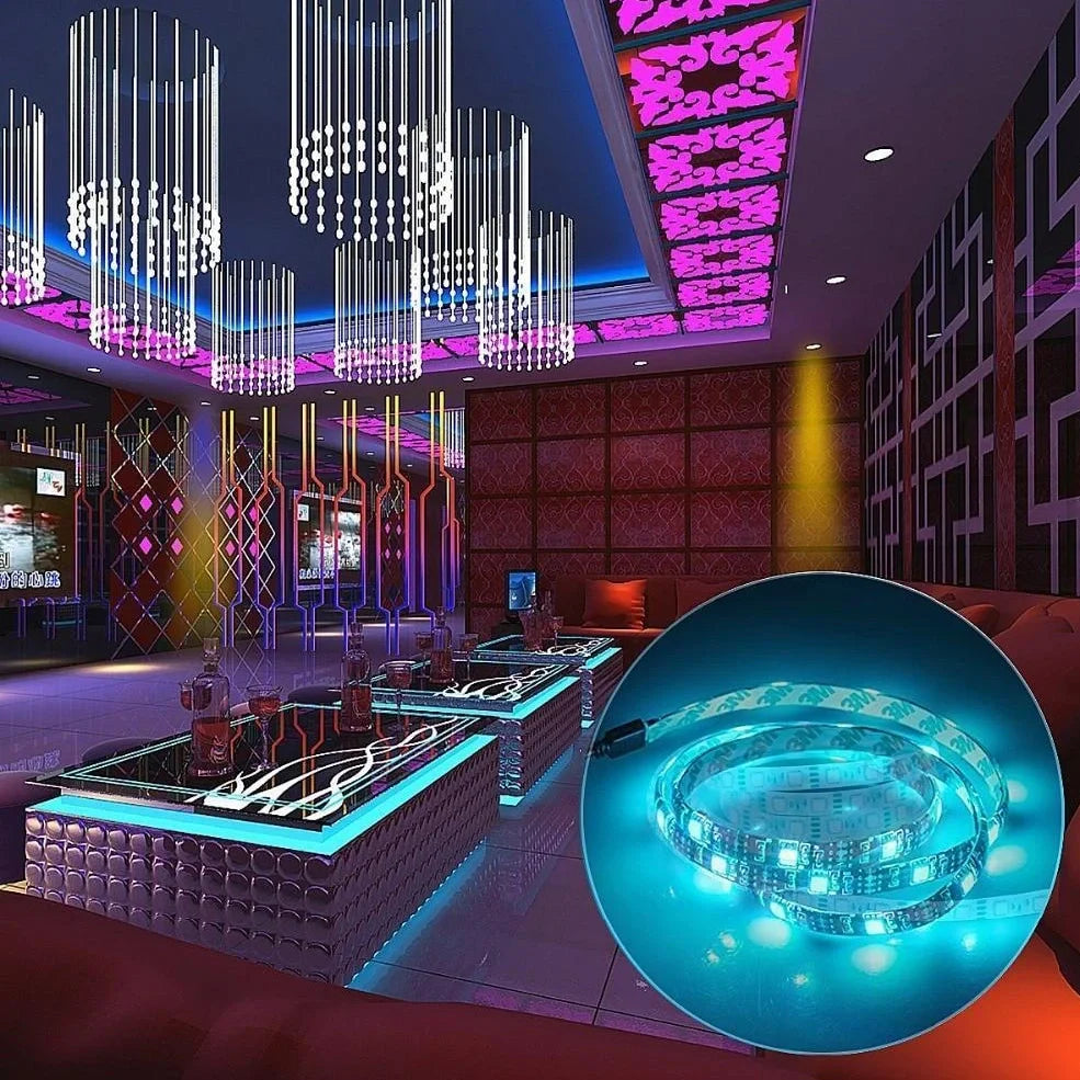 5 metre colour changing LED strip with remote control showing multiple colour options