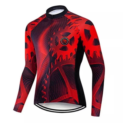 Teleyi red winter fleece cycling jersey with corduroy pattern and moisture-wicking fabric