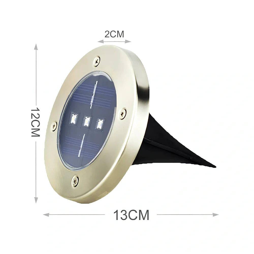 Stainless steel solar garden light measuring 11.5x11.5x13cm with automatic dusk operation