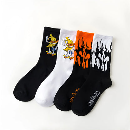 Pair of men's mid-calf cotton sports socks in orange or white, medium thickness for autumn