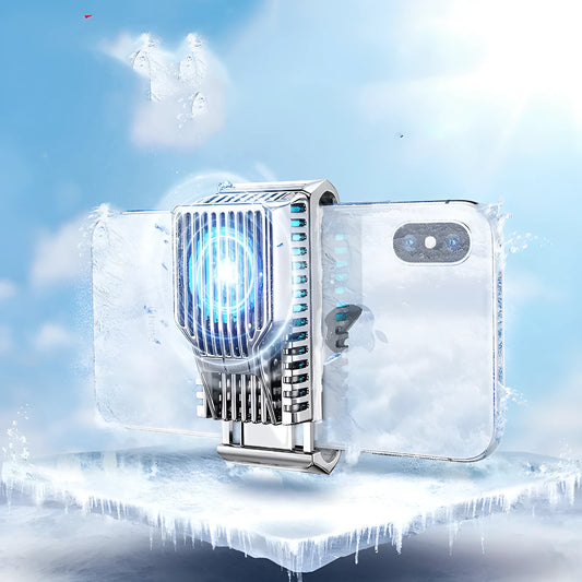 Black mobile phone radiator clip attached to a smartphone, showing aluminium and ceramic cooling surfaces.