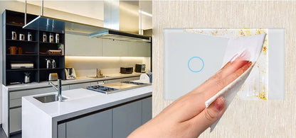 US-RF-02W white 2-gang remote control light switch with tempered glass panel measuring 120x72x35mm