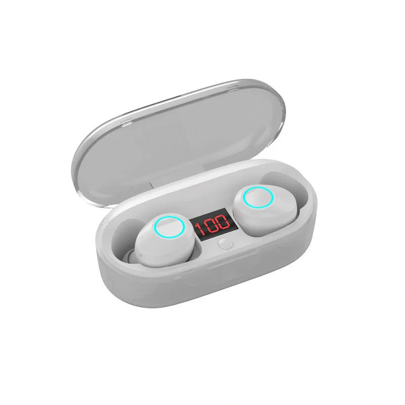 J29Tws Bluetooth headset in red, blue, black, and white with digital display