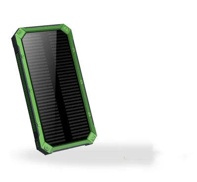 Orange portable solar power bank with USB port and solar panel, showing dimensions of 161x79x17mm.