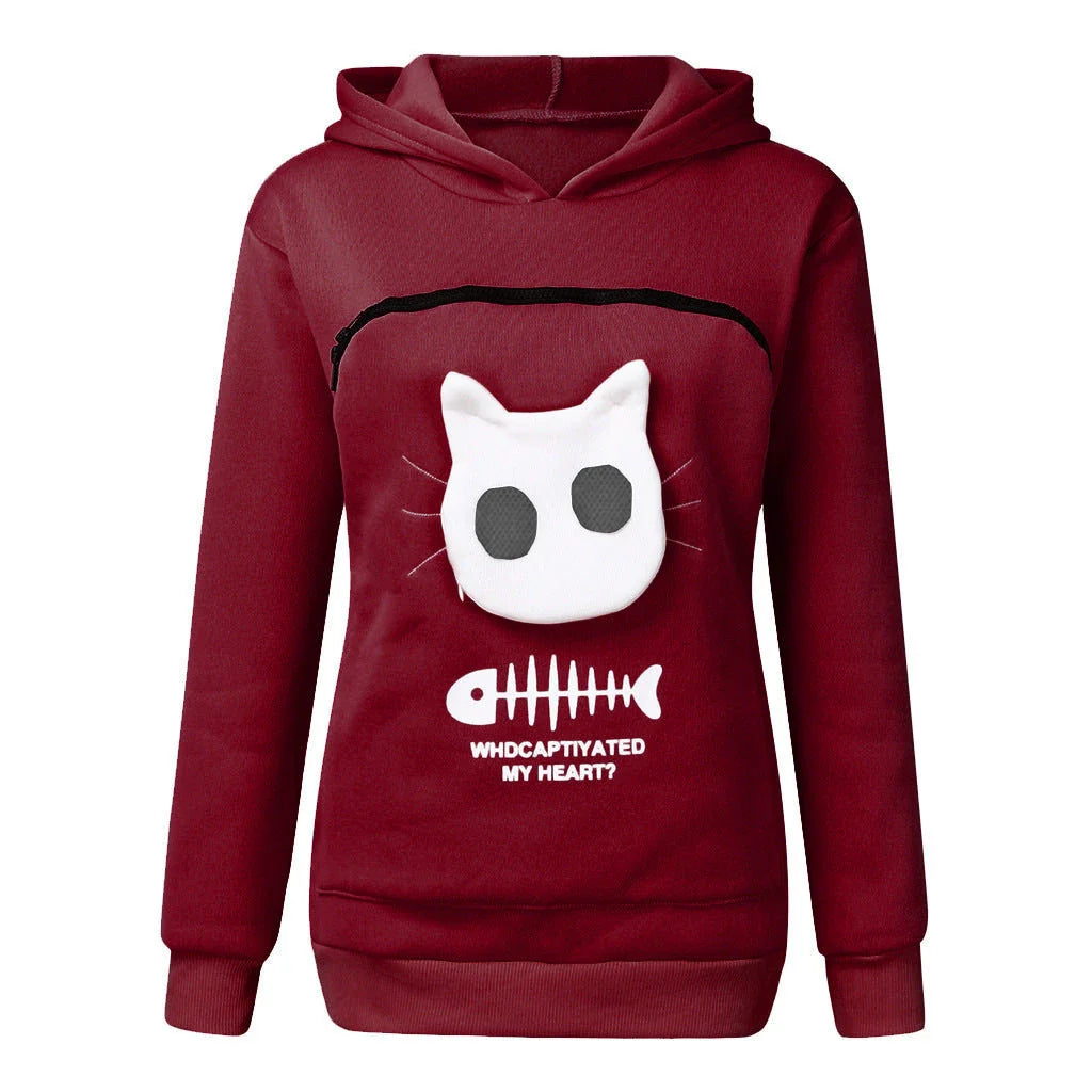 A cozy and stylish women's hooded sweatshirt with a unique cat-themed pocket design, available in a variety of vibrant colors.