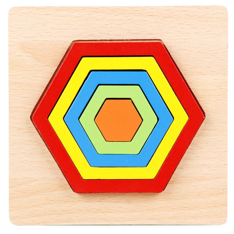 Wooden geometric puzzle with 10 shape graphics in red, yellow, blue, green, and orange colours
