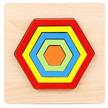 Wooden geometric puzzle with 10 shape graphics in red, yellow, blue, green, and orange colours