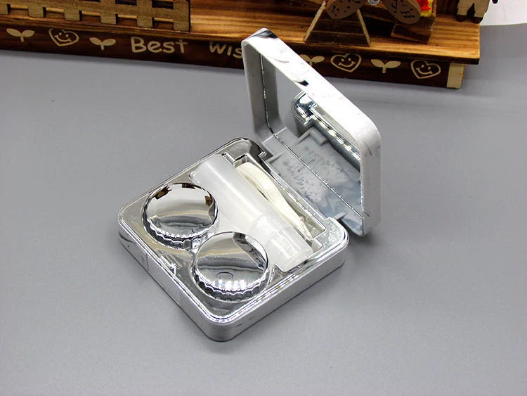 Square contact lenses case with marble surface and mirror, includes lens care accessories