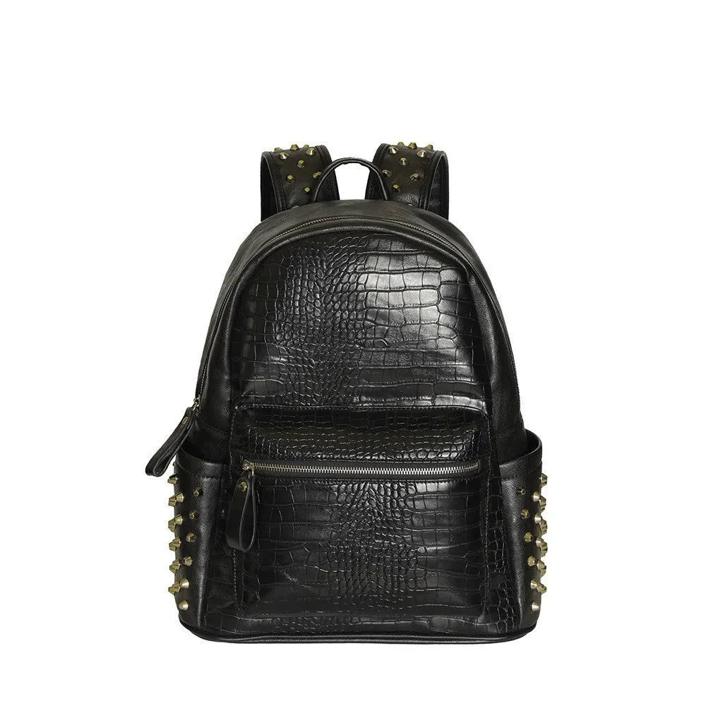Black men's waterproof computer schoolbag with oil wax leather and rivet detailing.