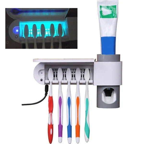 3-in-1 toothbrush holder with UV sterilizer and toothpaste dispenser, wall-mount design