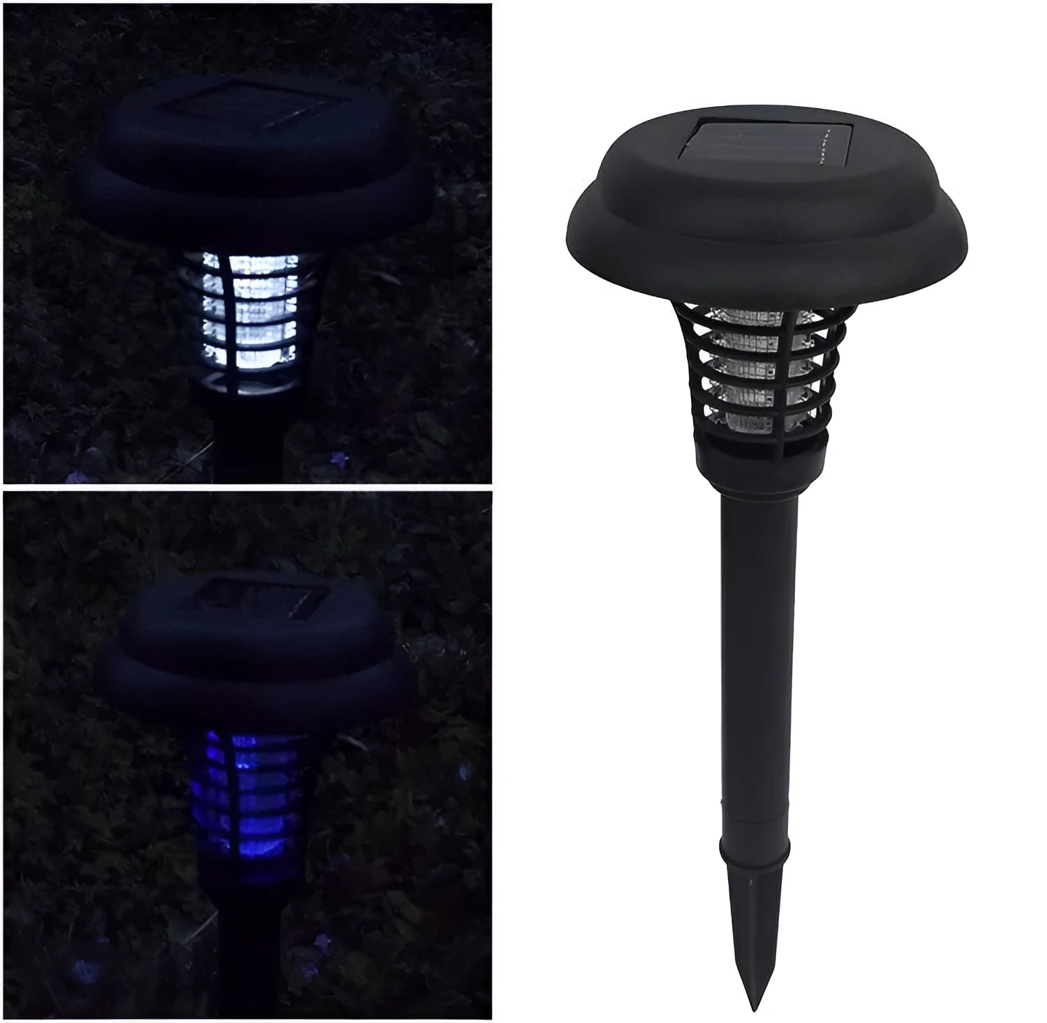 Black solar-powered outdoor insect killing lamp with white and purple LEDs for garden mosquito control.