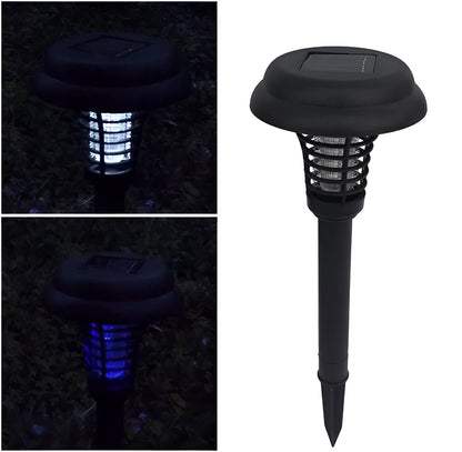 Black solar-powered outdoor insect killing lamp with white and purple LEDs for garden mosquito control.