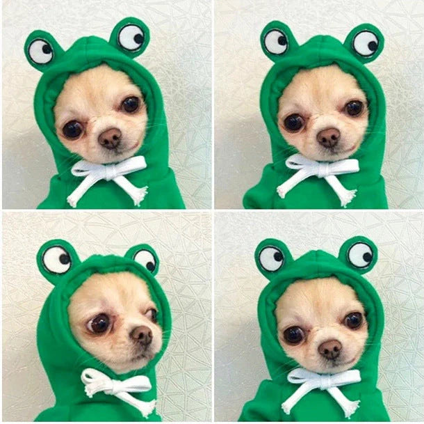 Two-legged hooded fleece dog outfits in various colors for autumn and winter wear