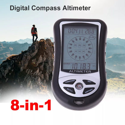 8-in-1 hand-held electronic altimeter with digital compass and barometer for outdoor adventures