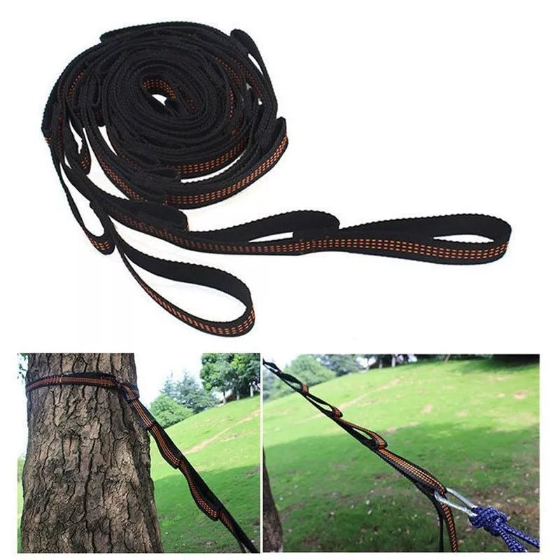 Durable polyester hammock straps with six adjustable loops, supporting up to 300kg