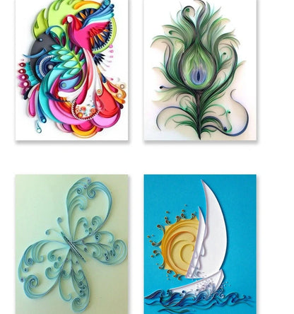 Paper craft kit showing gradient colour paper packs, paper winding disc, wave shaper, and tools in storage box