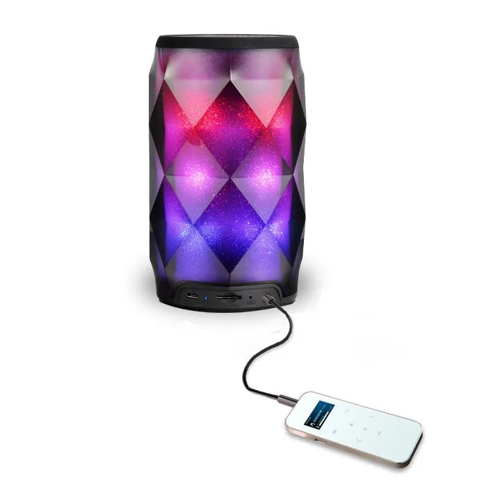 Black crystal diamond-cut Coke can shaped Bluetooth speaker with colourful starry sky LED lighting.