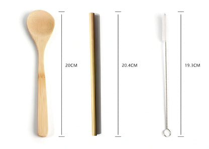 Bamboo travel cutlery set with 7 Japanese-style utensils in carrying pouch for sustainable dining