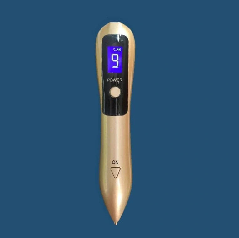 Laser beauty point pen with LCD display showing power level, stainless steel tip, and USB charging port